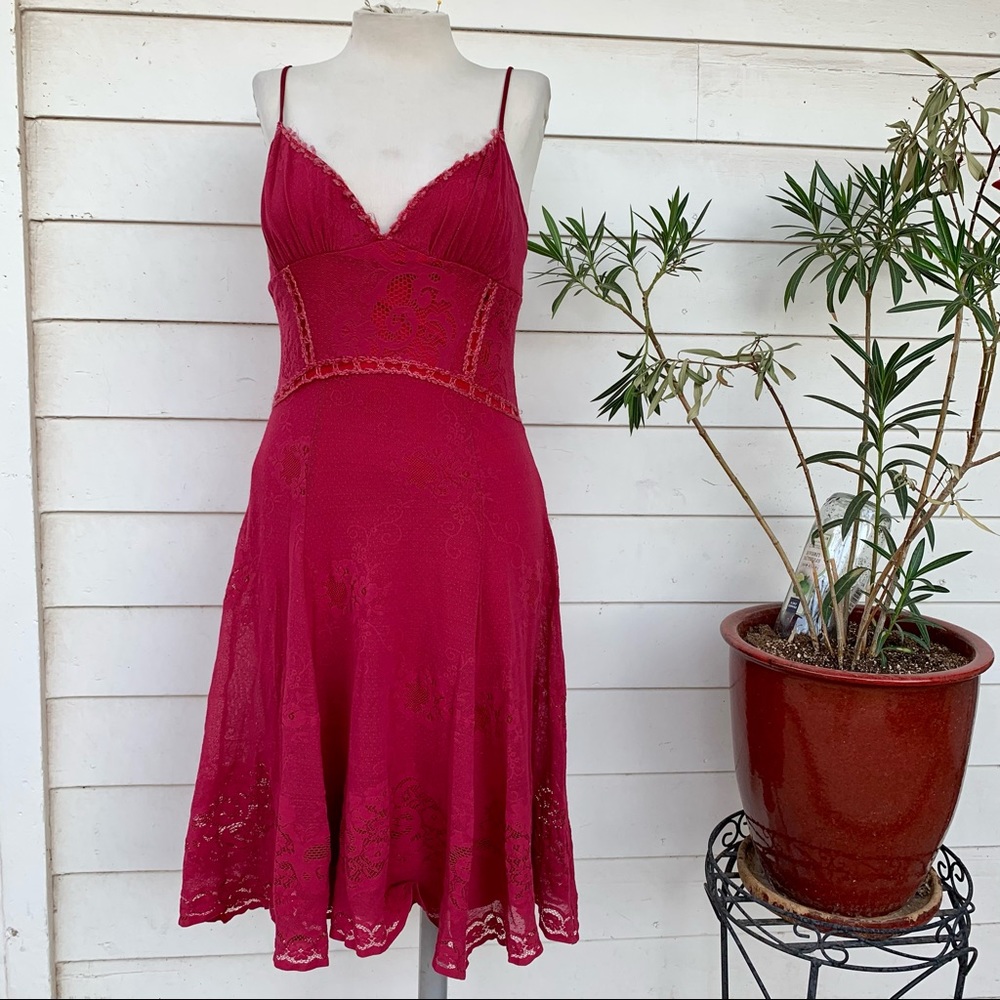 Vintage Betsey Johnson 90 2000 y2k Lace Crochet Floral Midi Slip Dress Sexy Red - Picture 1 of 9